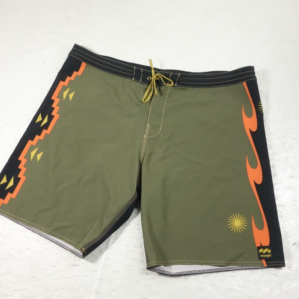 Billabong x Wrangler Shorts Mens 38 Green Black Board Hybrid Swim 9" Inseam